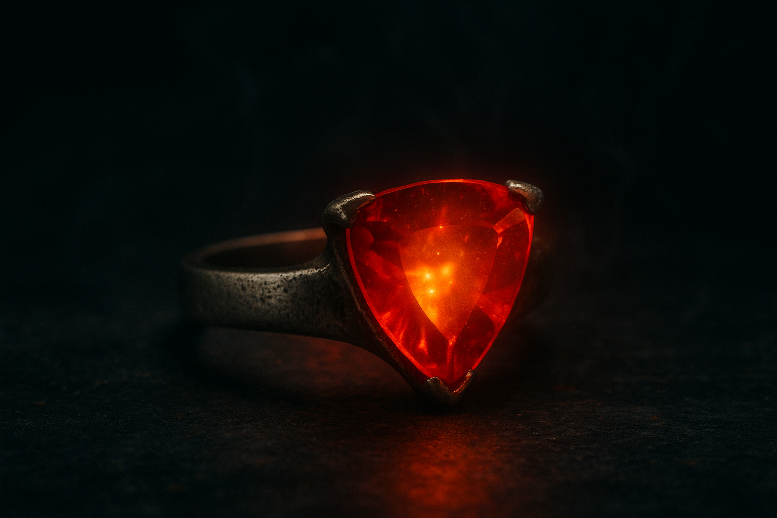 Sterling silver ring with a glowing red gemstone — the eerie, living Nightfire Ring from the Dreamwalker Archives.