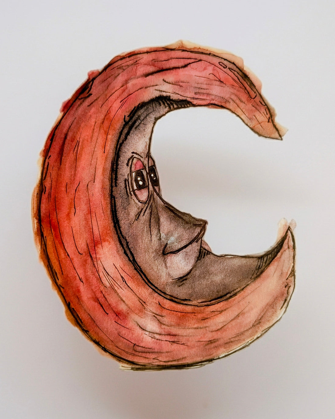 Hand-drawn crescent moon with a wistful face, watercolor reds and greys on white—evoking stored memories and secret tides.