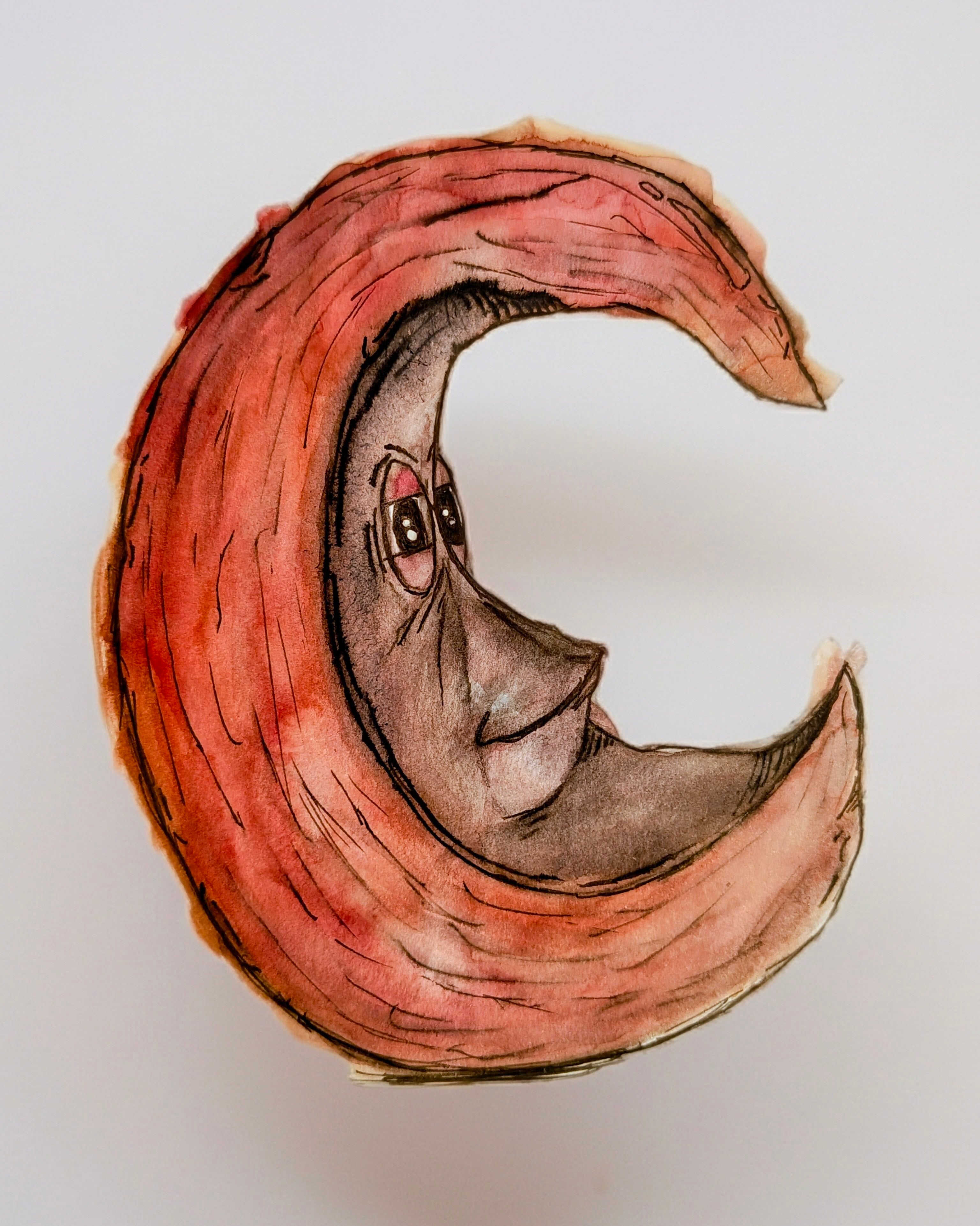 Hand-drawn crescent moon with a wistful face, watercolor reds and greys on white—evoking stored memories and secret tides.