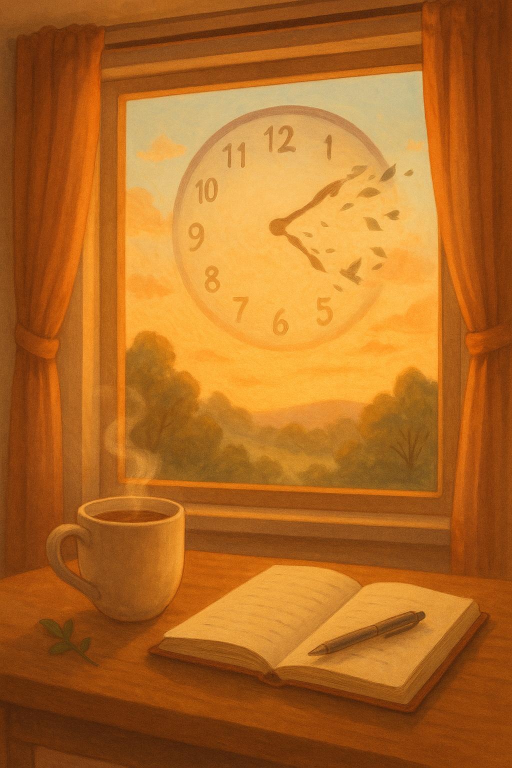 Cozy golden-hour scene with a mug of tea and open journal on a table by a window, looking out at a surreal sky where a giant clock dissolves into light and birds, symbolizing a world where time no longer controls us.