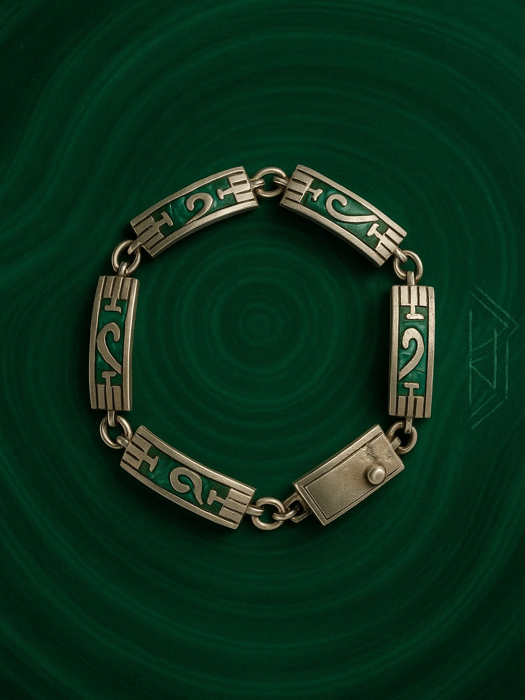 Sterling malachite link bracelet floating over a soft malachite-green water ripple with subtle stone-vein motifs