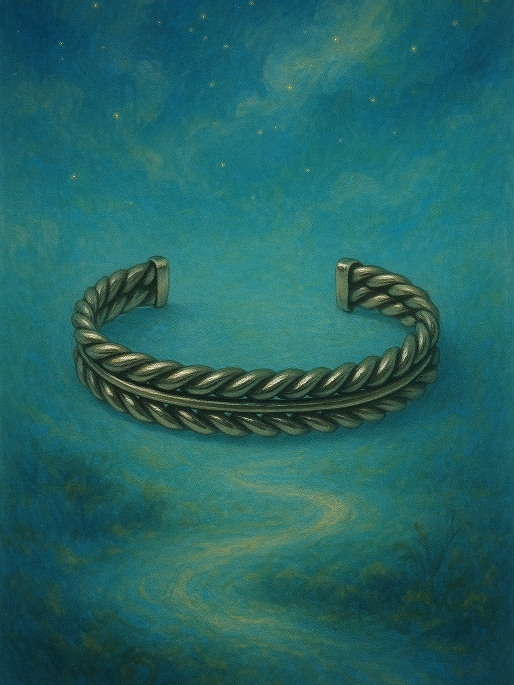 A faded path leads to a Sterling silver cuff with green mystical background