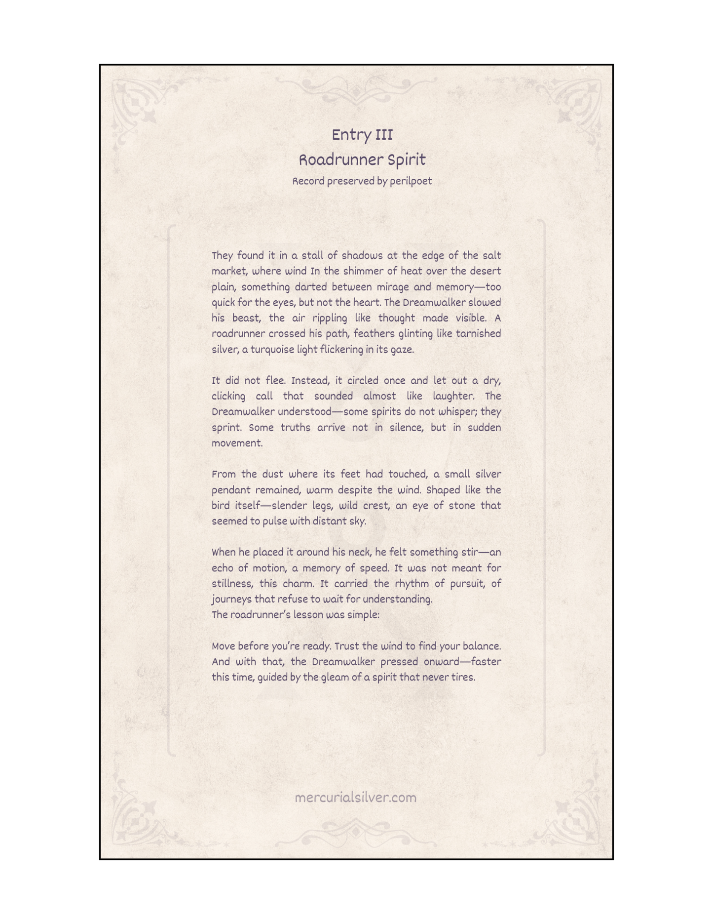 Printed 5.5x8 inch page of “Entry III: Roadrunner Spirit” from the Dreamwalker Archives, parchment-style sheet.