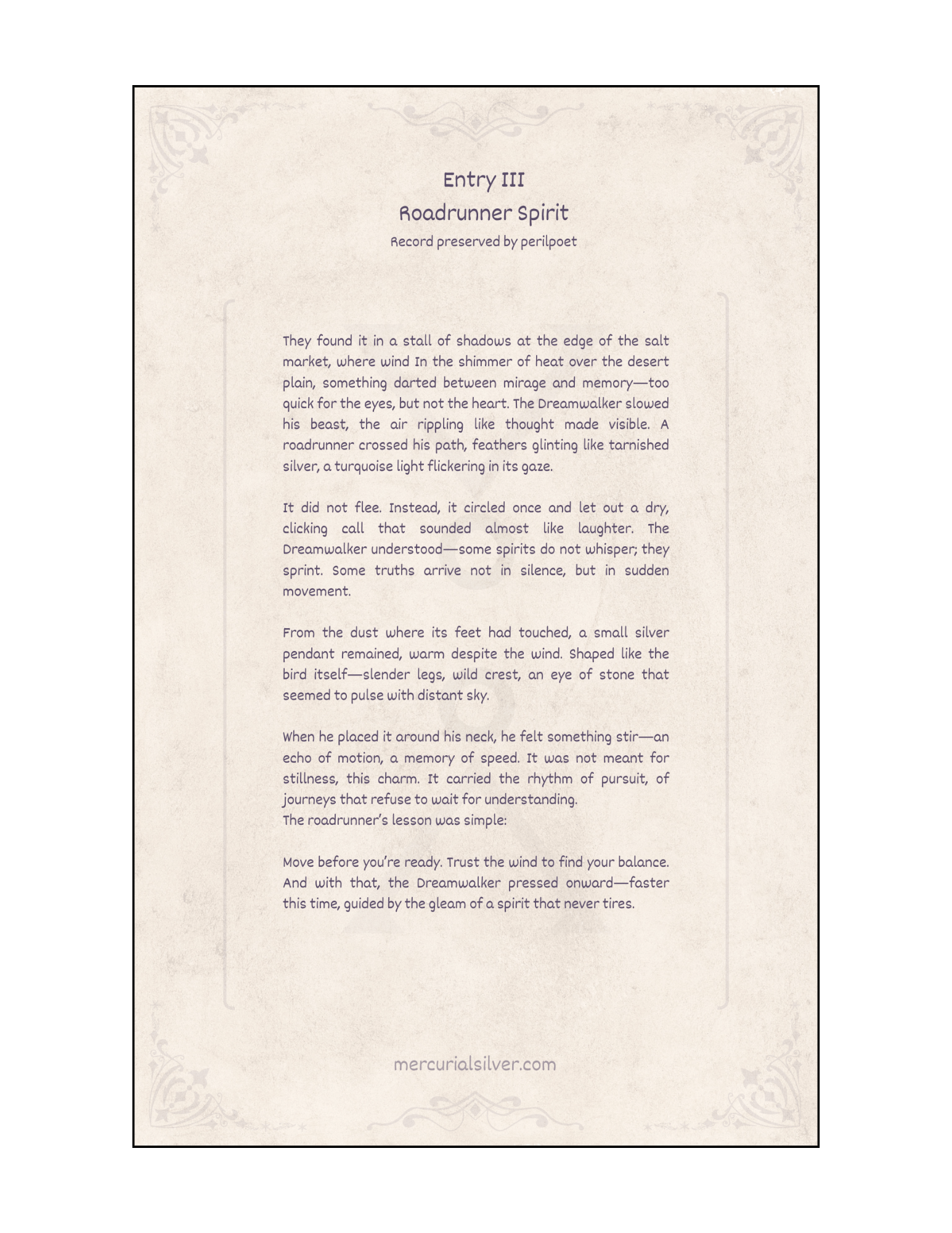 Printed 5.5x8 inch page of “Entry III: Roadrunner Spirit” from the Dreamwalker Archives, parchment-style sheet.