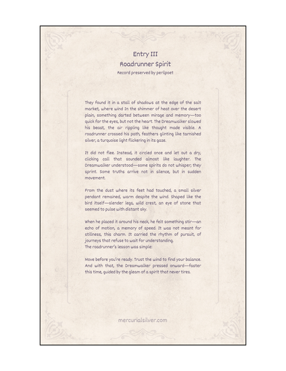 Printed 5.5x8 inch page of “Entry III: Roadrunner Spirit” from the Dreamwalker Archives, parchment-style sheet.