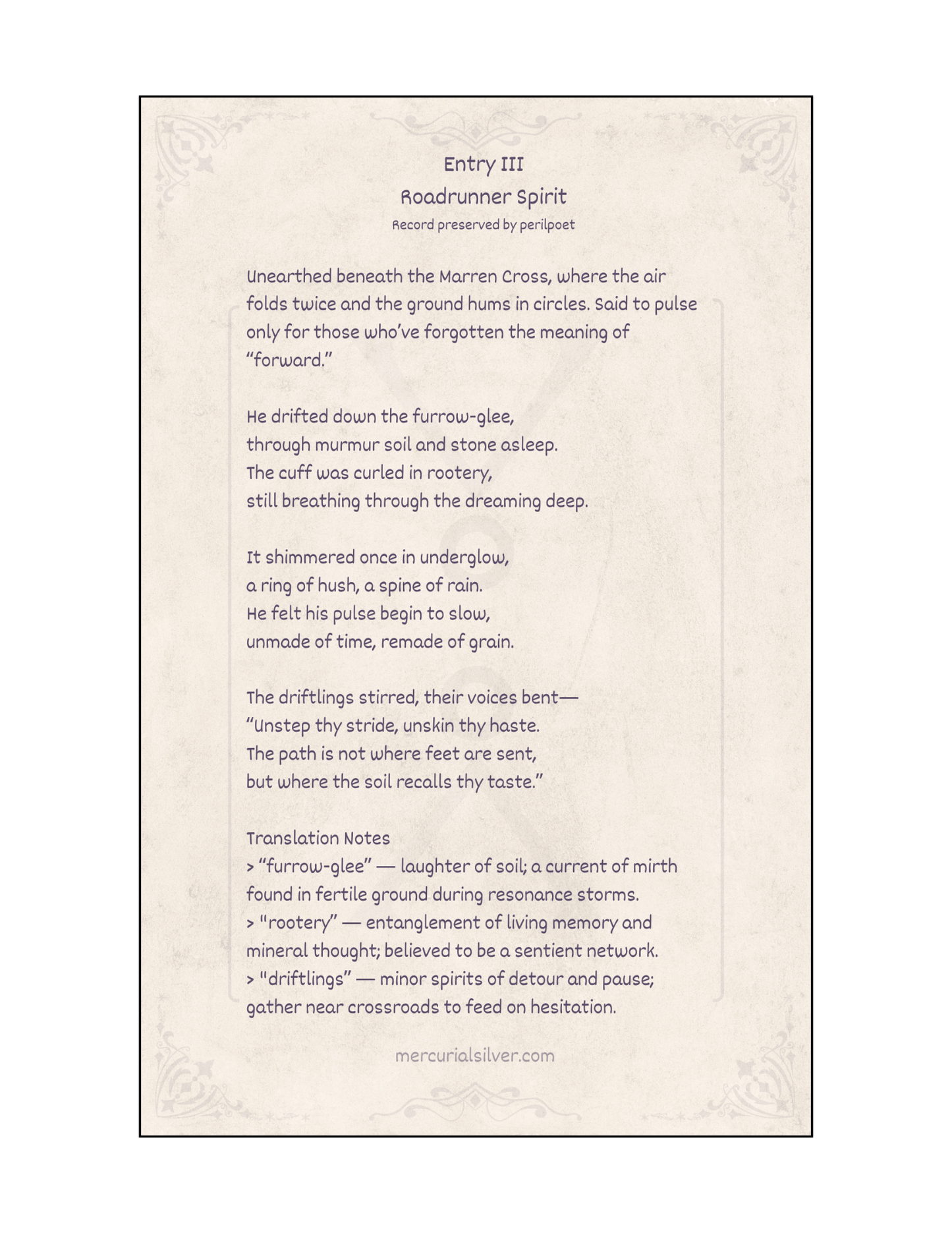 Entry III – Roadrunner Spirit from the Dreamwalker Archives, featuring poetic text on an aged parchment-style background.