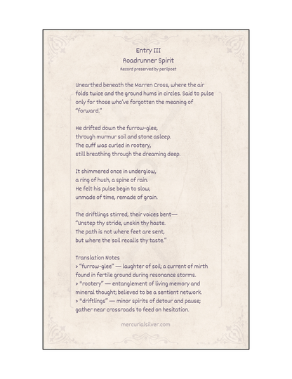 Entry III – Roadrunner Spirit from the Dreamwalker Archives, featuring poetic text on an aged parchment-style background.