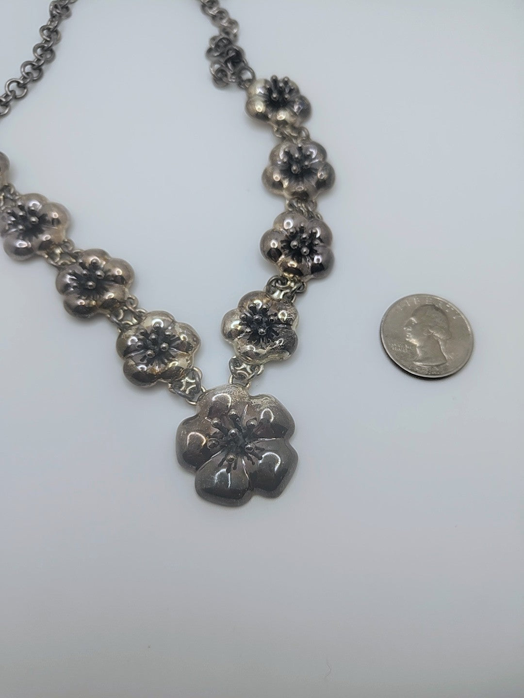 Starbloom Hibiscus Necklace — Vintage CII Mexico Sterling, 77.03g