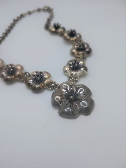 Starbloom Hibiscus Necklace — Vintage CII Mexico Sterling, 77.03g